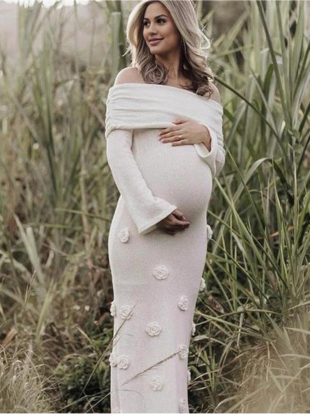 Off-Shoulder Cream Maternity Maxi Dress with Floral Appliqué